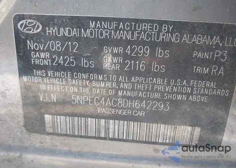 2013 Hyundai Sonata Se z USA, uszkodzony, nr VIN 5NPEC4AC8DH642293